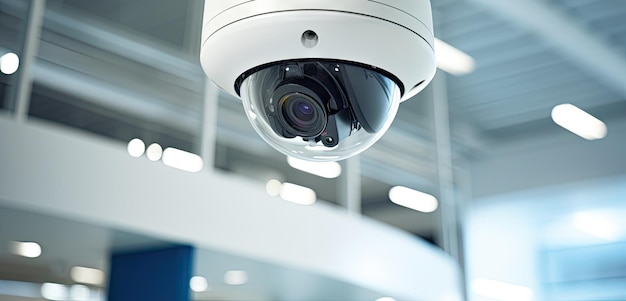 Cyfrowa kamera monitorująca zainstalowana na suficie budynku biurowego zapewnia bezpieczeństwo przed kradzieżą poprzez nagranie