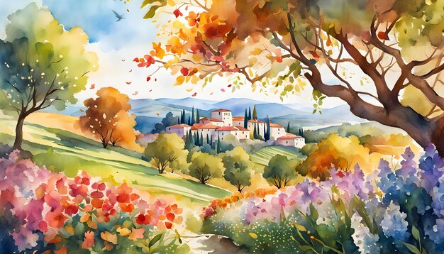 Cyfrowa kolorowa akwarela ilustracja włoskiego krajobrazu z gałęziami kwiatów i lataniem
