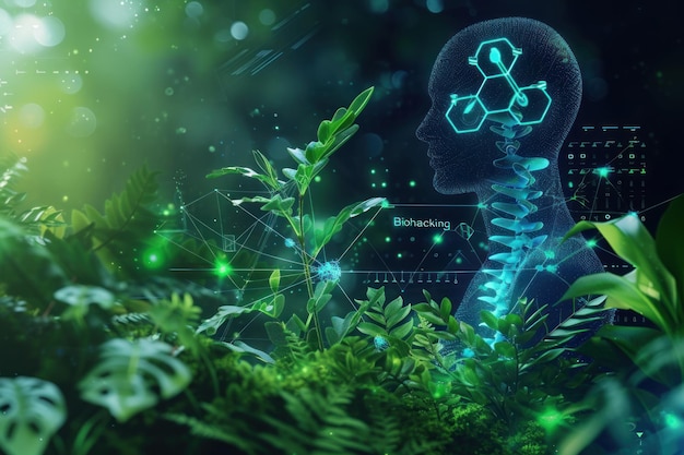 Cyfrowa ludzka sylwetka z biohackingowymi symbolami zintegrowanymi z bujną zielenią