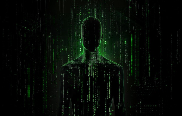 Zdjęcie cyfrowa ludzka sylwetka z matrycowym kodem tła