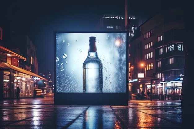 Cyfrowa maketa oświetlonego billboardu w krajobrazie miejskim w nocy z butelką bez etykiety