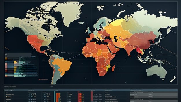Zdjęcie cyfrowa mapa świata ożywiona animowanymi ścieżkami latających pocisków atomowych