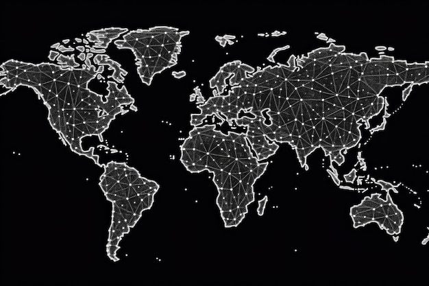 Cyfrowa mapa świata z połączeniami kropkowymi Globalna komunikacja Generacyjna sztuczna inteligencja