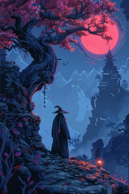 Cyfrowa postać pixel art w scenerii fantasy z mistycznymi elementami