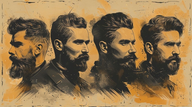 Cyfrowa ręcznie narysowana nowoczesna ilustracja męskich fryzur i golenia Mężczyźni fryzury brody i wąsy