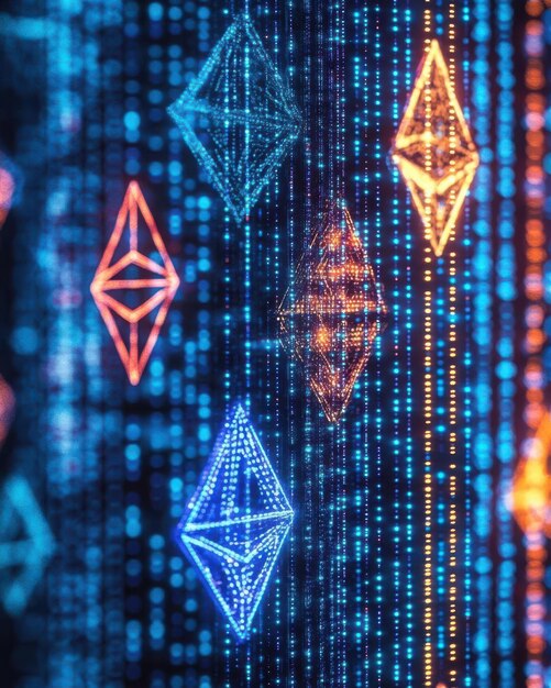 Cyfrowa reprezentacja technologii blockchain z kształtami geometrycznymi i kodem binarnym