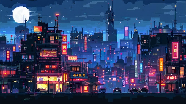 Cyfrowa scena sztuki pikselowej futurystycznego krajobrazu miejskiego w nocy