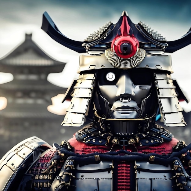 Zdjęcie cyfrowa sztuka cyborga samuraja przedstawiająca potęgę i chwałę japonii w przyszłości