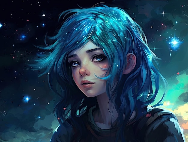 cyfrowa sztuka dziewczyny z niebieskimi włosami