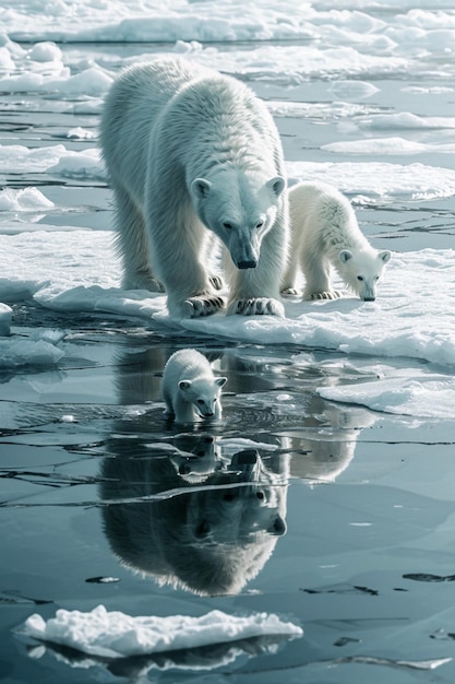 Cyfrowa sztuka niedźwiedzia polarnego i jego młode na topniejących lodowcach