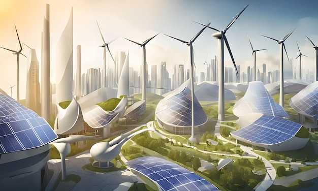 Cyfrowa sztuka panoramy miasta z turbinami wiatrowymi i panelami słonecznymi zintegrowanymi z budynkami