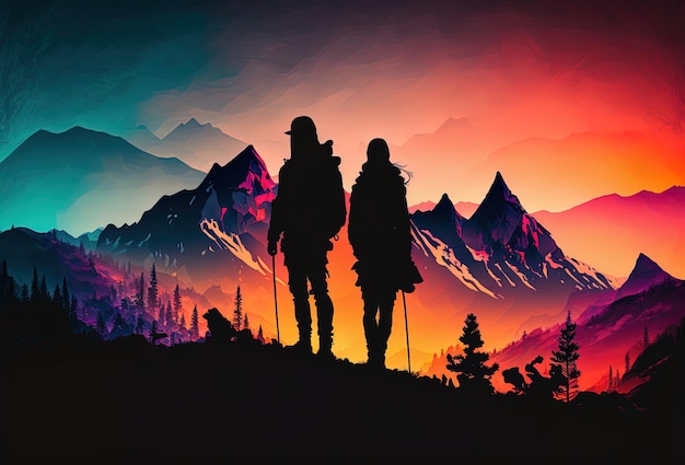 cyfrowa sztuka pary trzymającej sylwetkę dłoni na szczycie gór o zachodzie słońca