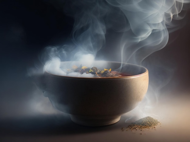 Cyfrowa sztuka parzącej filiżanki herbaty w misce z tłem dymu generowana przez sztuczną inteligencję