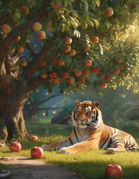 cyfrowa sztuka pięknego tygrysa pokemona pod drzewem jabłkowym w stylu kreskówki
