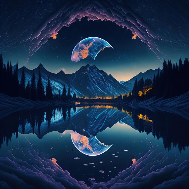Cyfrowa sztuka przedstawiająca góry i jezioro z planetą