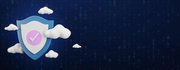Cyfrowa tarcza z chmurami na szerokim ciemnoniebieskim tle z miejscem makiety Bezpieczna płatność online i koncepcja ochrony danych Renderowanie 3D