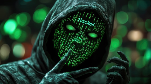 Cyfrowa twarz z zhakowanymi oczami i kodem podobnym do Matrix