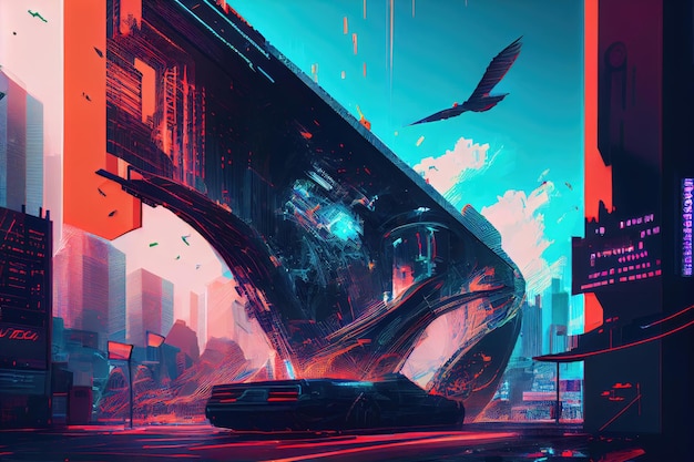 Cyfrowa usterka w futurystycznym krajobrazie miejskim z latającymi samochodami i holograficznymi billboardami