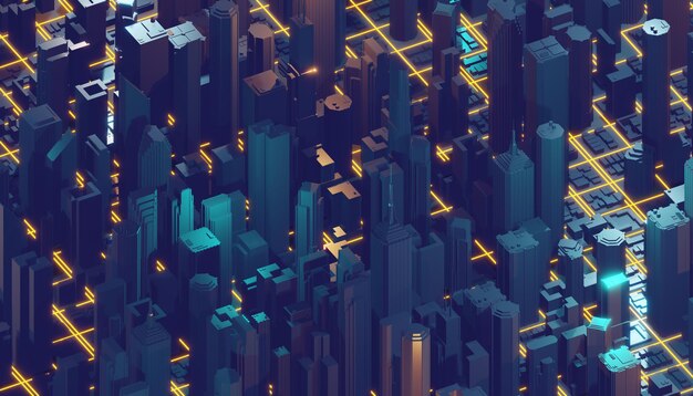 Cyfrowe abstrakcyjne miasto wykonane ze świecącego światła linii. Wieżowce biznesowe. Struktura technologii architektonicznej linii świetlnych i cząstek. Koncepcja połączenia. renderowania 3D.