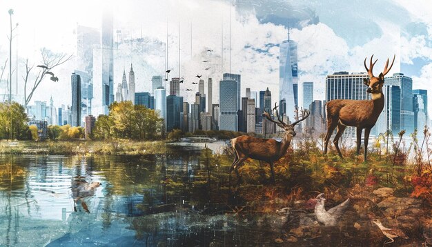 cyfrowe dzieło sztuki, które wykorzystuje technikę kolażu do łączenia elementów miejskich z naturalnymi zwierzętami dzikiej przyrody