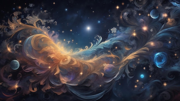Zdjęcie cyfrowe dzieło sztuki przedstawiające niebieskie tło z błyszczącymi gwiazdami, promieniującym księżycem i wirami