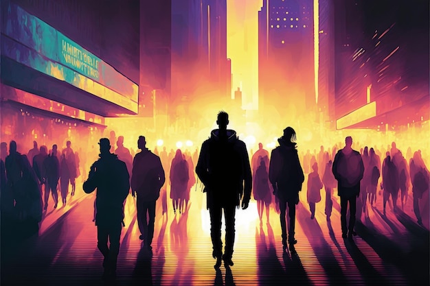 Cyfrowe dzieło sztuki przedstawiające nocny pejzaż miejski z ludźmi przechadzającymi się ulicami oświetlonymi żywymi i kolorowymi światłami Koncepcja fantasy Malowanie ilustracji Generatywna sztuczna inteligencja