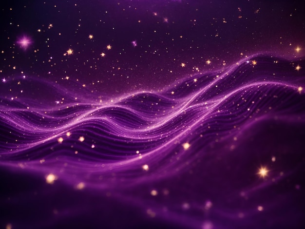 Cyfrowe fioletowe cząstki fali i światła abstrakcyjne tło z błyszczącymi kropkami gwiazd