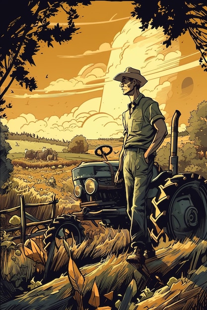 Cyfrowe ilustracje artystyczne Mężczyzna stoi na polu z traktorem