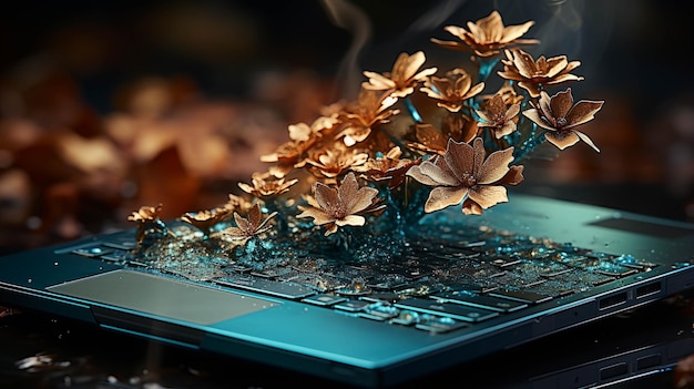 cyfrowe kwiaty na laptopie HD tapeta zdjęcie fotograficzne