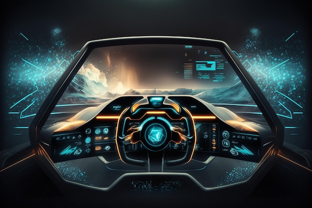 Zdjęcie cyfrowe malowanie deski rozdzielczej samochodu z niebieskim światłem i słowem radio na ekranie.