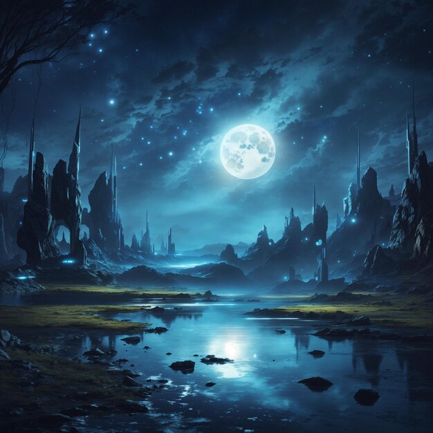cyfrowe malowanie zdjęcia futurystyczny nocny krajobraz fantasy z abstrakcyjnym krajobrazem w świetle księżyca