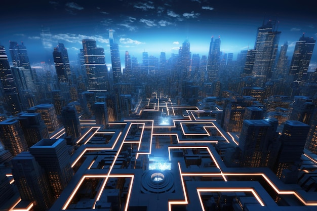 Cyfrowe miasto z podświetlonymi liniami połączeniowymi na ciemnym tle Futurystyczna koncepcja inteligentnego miasta Big Data i technologie sieciowe
