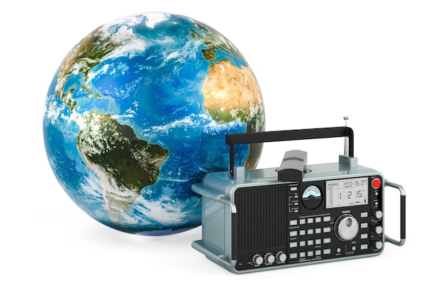 Cyfrowe radio z koncepcją Earth Globe World Radio Day renderowania 3D