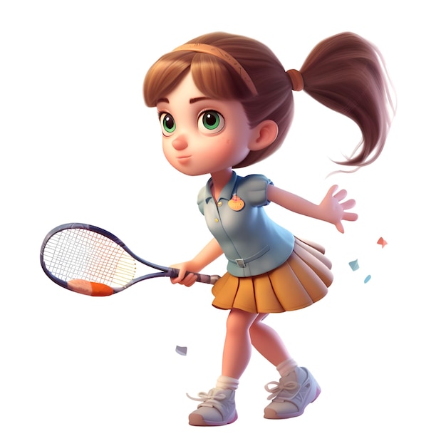 Cyfrowe renderowanie 3D małej dziewczynki grającej w tenisa na białym tle