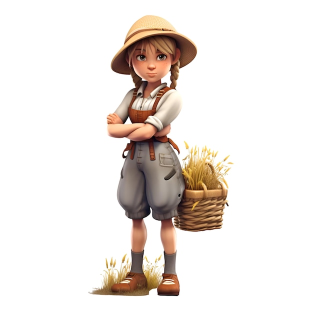 Cyfrowe renderowanie 3D małej dziewczynki rolnika na białym tle