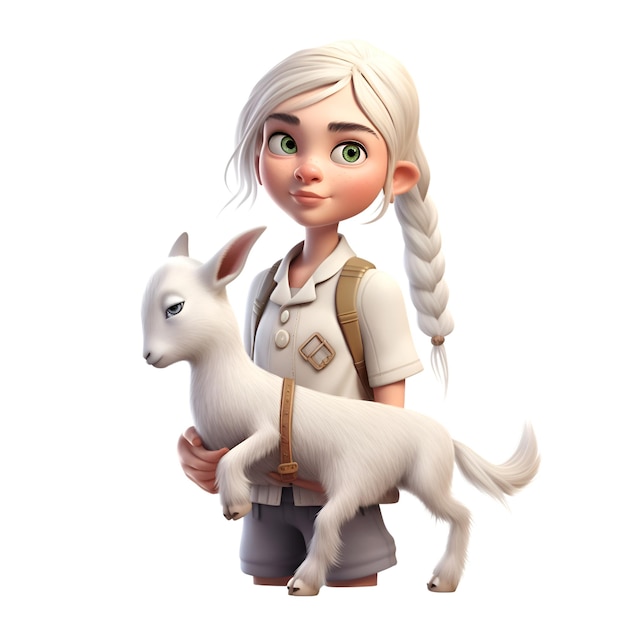 Cyfrowe renderowanie 3D uroczej dziewczynki z białą kozą na białym tle