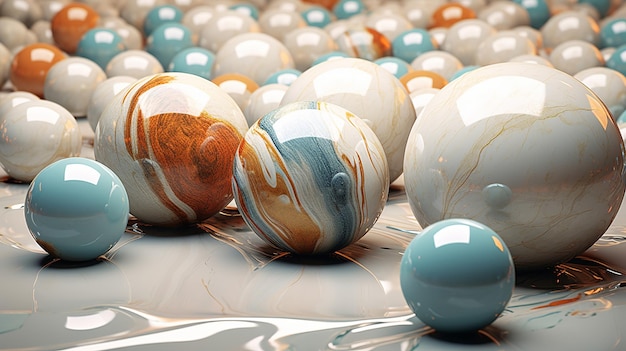 Cyfrowe tło artystyczne przedstawiające abstrakcyjne marmurowe kulki tworzące zniewalającą wizualnie kompozycję