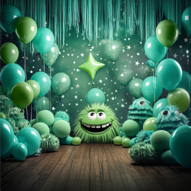 Zdjęcie cyfrowe tło do zdjęć na imprezę dla dzieci z zielonymi i niebieskimi balonami i potworną imprezą