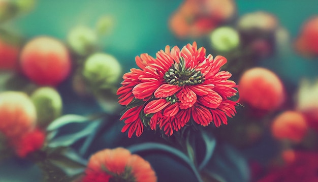 Cyfrowe tło sztuki świeże kwiatowe z kwiatami chryzantemy w czerwonych i pomarańczowych żywych liściach