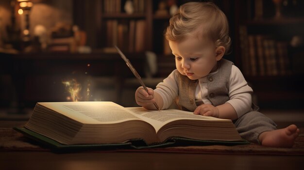 Cyfrowi tubylcy dziecko czytające i bawiące się książką. Dzieci z pokolenia alfa, wyobraźnia przyszłych dzieci
