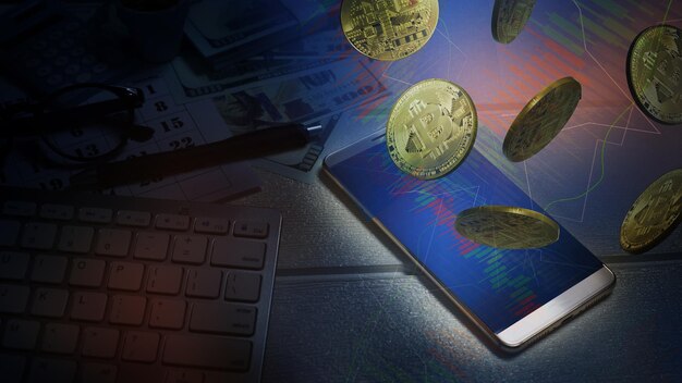Zdjęcie cyfrowo wygenerowany obraz bitcoinów z klawiaturą i telefonem