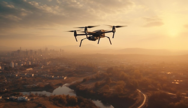 Cyfrowo wygenerowany obraz drona unoszącego się w powietrzu, filmującego miejskie życie, wygenerowany przez sztuczną inteligencję