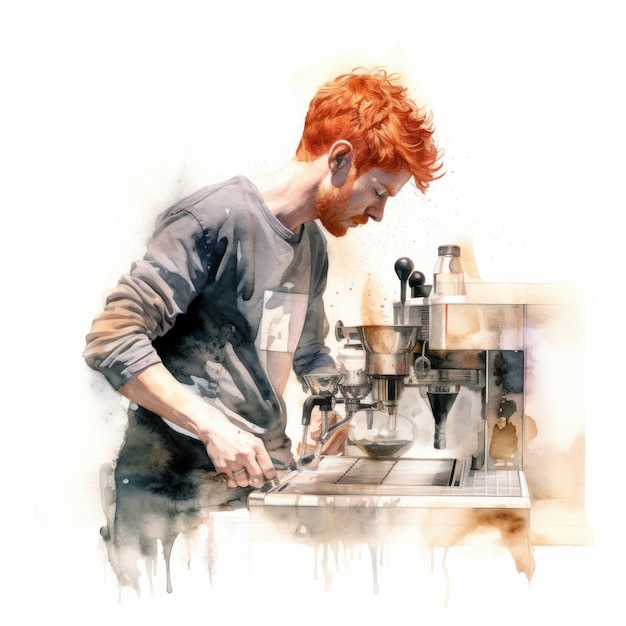 Cyfrowy akwarelowy obraz czerwonowłosego barysty przygotowującego kawę