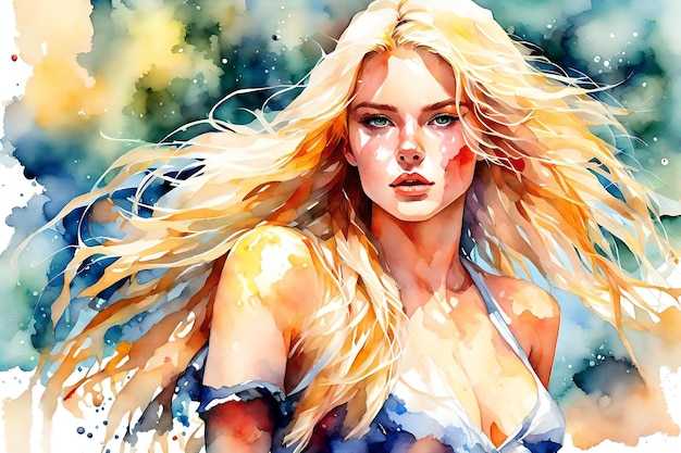 Cyfrowy akwarelowy portret pięknej blond kobiety z długimi włosami