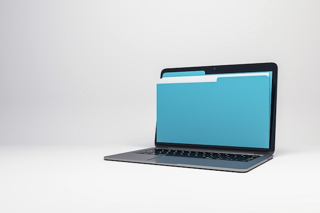 Cyfrowy folder plików pojawiający się na ekranie laptopa na białym tle Rendering 3D