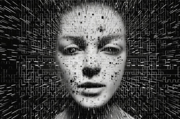Cyfrowy hologram kobiecej twarzy na futurystycznym tle Generative AI