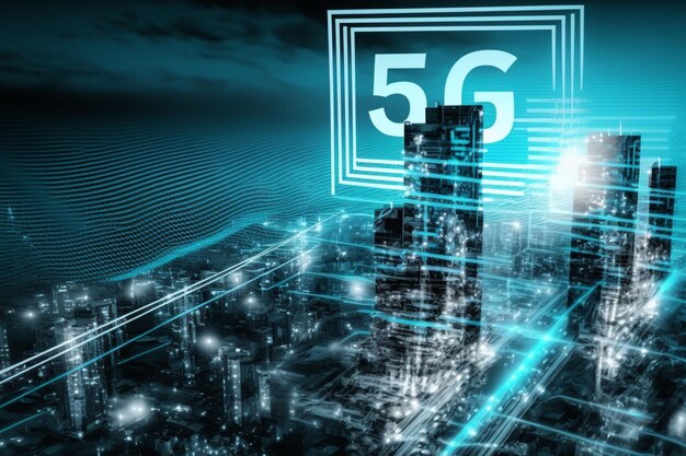 Cyfrowy hologram sieci 5G i internet rzeczy na tle miasta Podwójna ekspozycja miasta procesora 5g