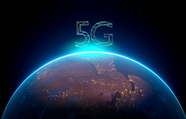 Cyfrowy hologram sieci 5G i tło internetowe. Renderowanie 3D