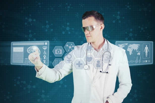 Zdjęcie cyfrowy kompozytowy obraz lekarza dotykającego ikon na kolorowym tle