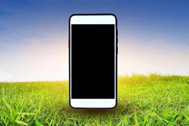 Cyfrowy kompozytowy obraz telefonu komórkowego na trawiastym polu na tle nieba